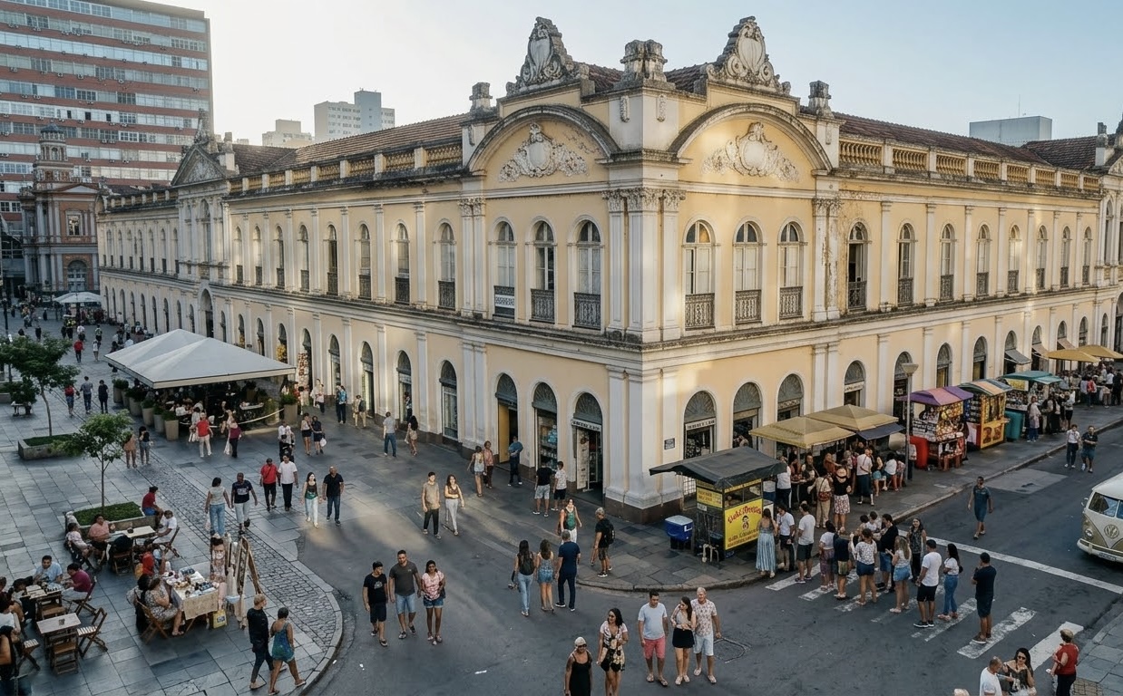 Fachada do Mercado Público de Porto Alegre com visitantes na área externa