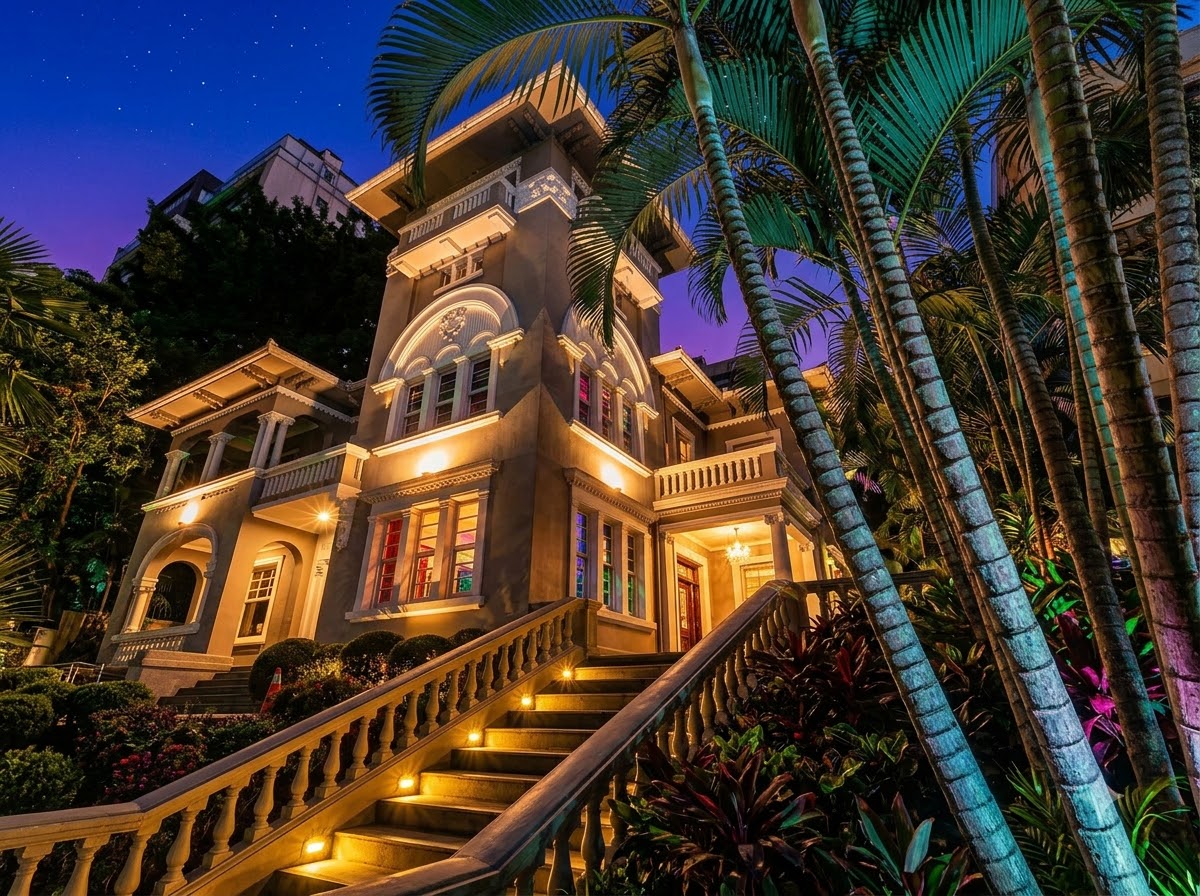 Fachada do Hotel Laghetto Moinhos, em Porto Alegre, iluminada à noite