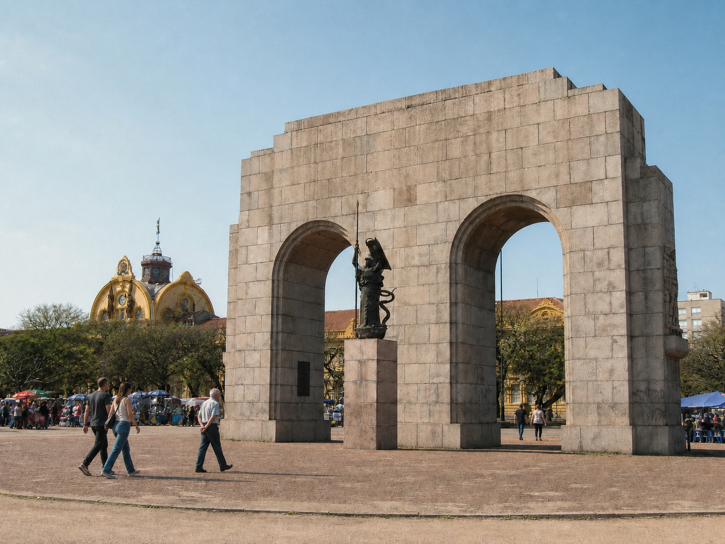 Monumento ao Expedicionário no Parque Farroupilha, em Porto Alegre, com visitantes caminhando