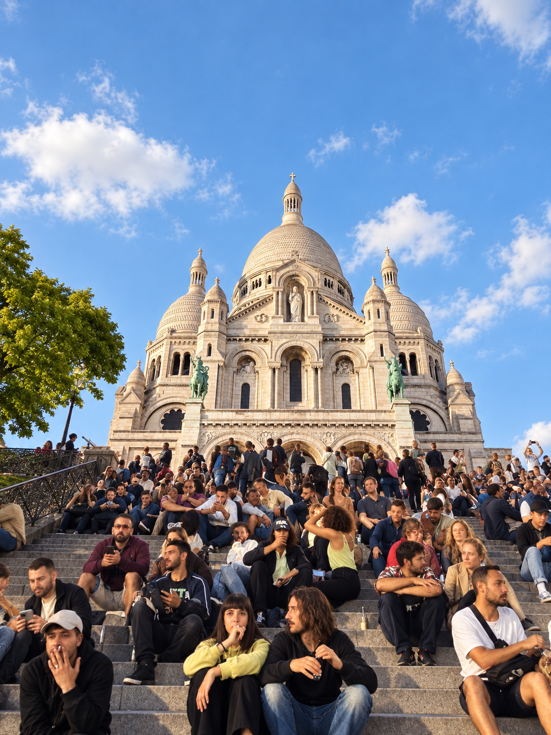 Basílica de Sacré-Cœur sob o céu azul em uma tarde ensolarada de primavera