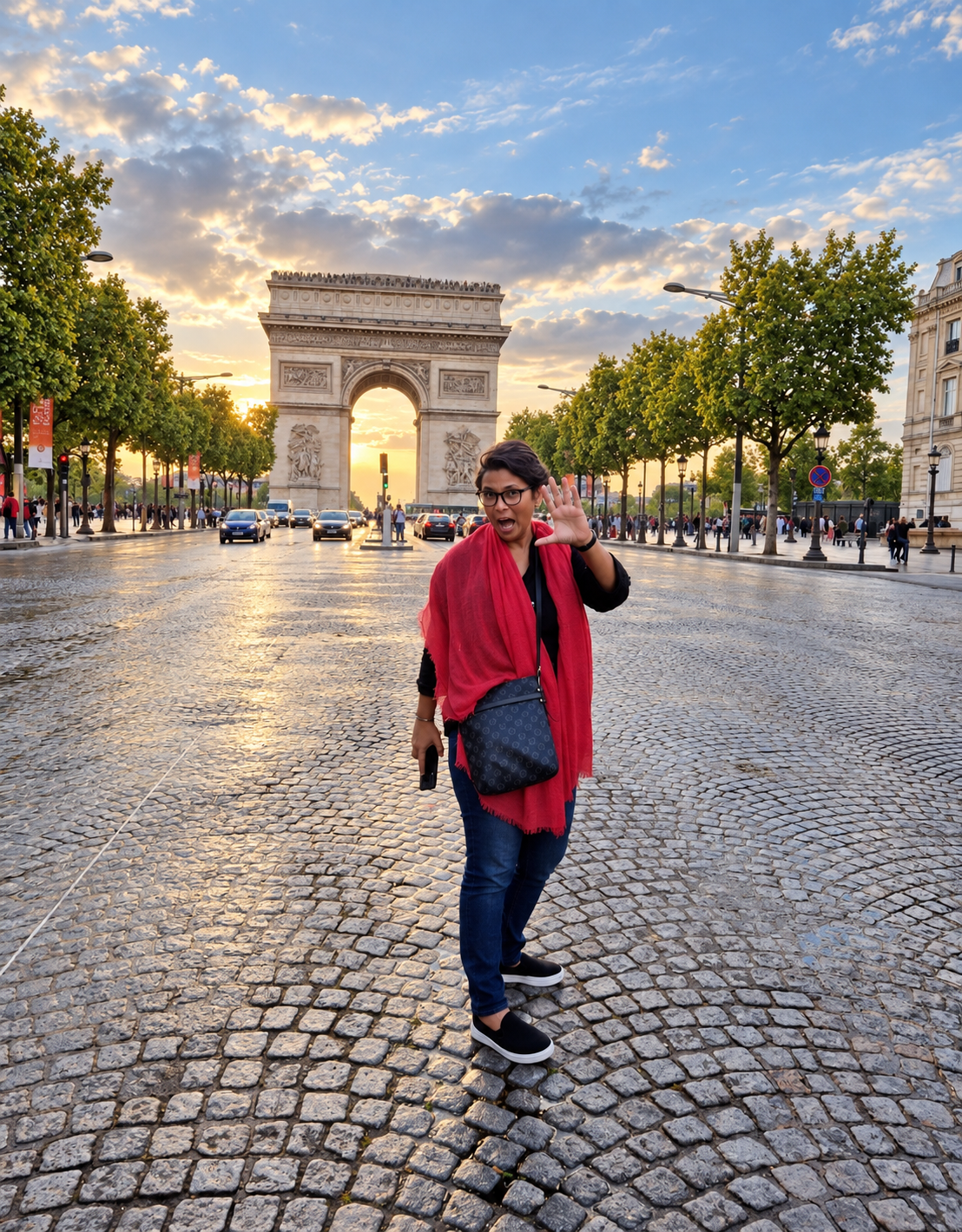 Viajante diante do Arco do Triunfo em Paris no final da tarde