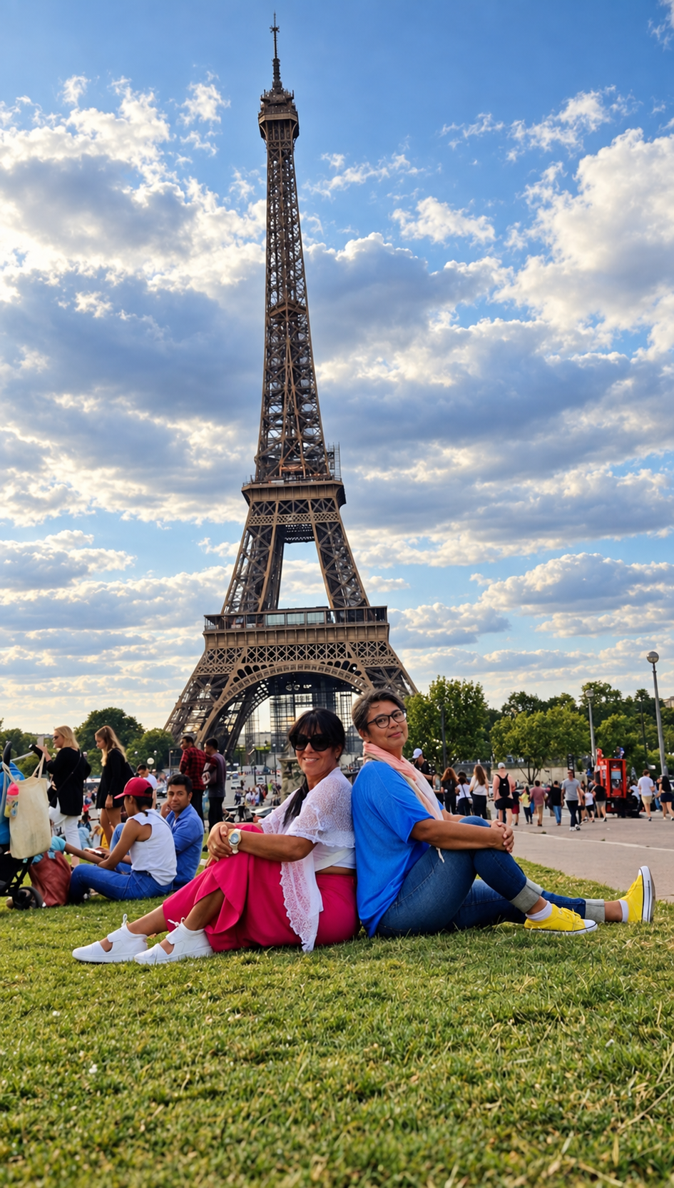 Duas amigas sentadas no gramado do Champ de Mars diante da Torre Eiffel